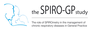 SPIRO-GP Logo shows outline of a GP and patient with patient undergoing spriometry.