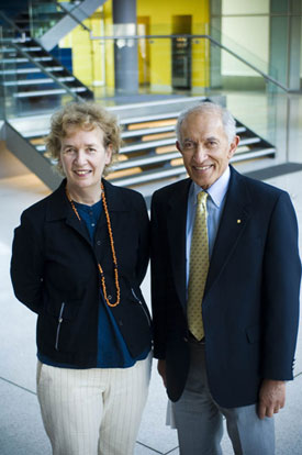 Professor Christina Mitchell talks with The Governor of Victoria, Professor David de Kretser, A.C, during a visit to Monash University, Department of Medicine, School of Biological Sciences.